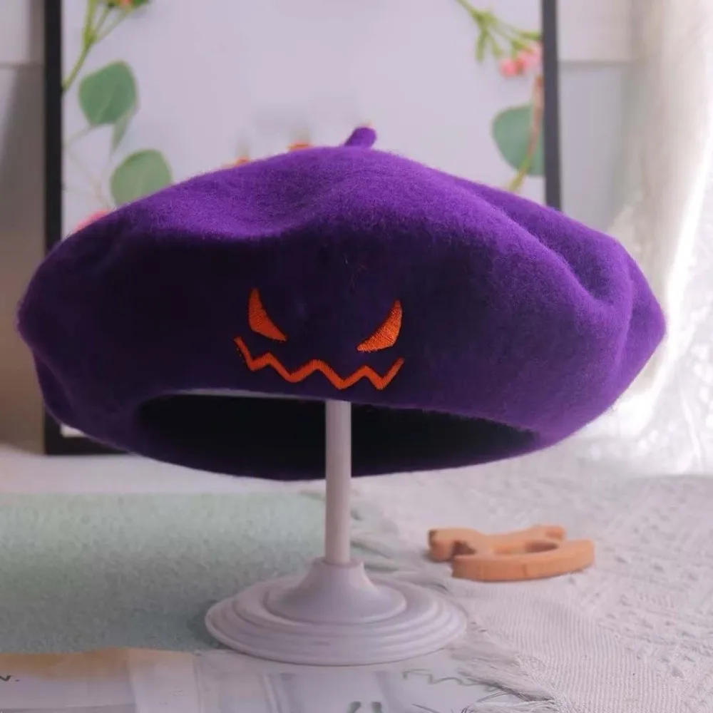 Woolen Pumpkin Beret Hat Embroidered Lightweight Pumpkin Face Cap Multicolor Cozy Embroidered Painter Hat Halloween Party