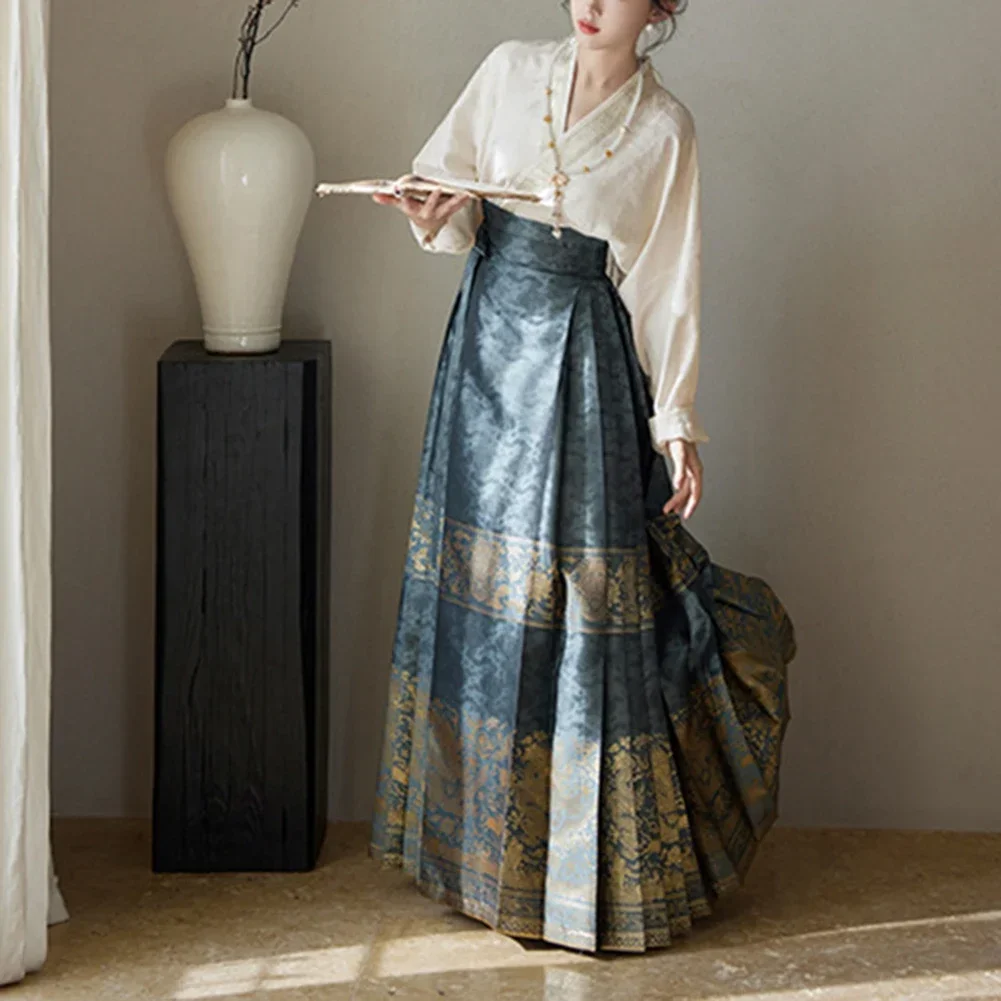 Hete Nieuwe Stijlvolle Comfy Rok Jurk Hanfu Paard-Faced Polyester Print Eenvoudige Veelzijdige Vrouwen Chinese Forens