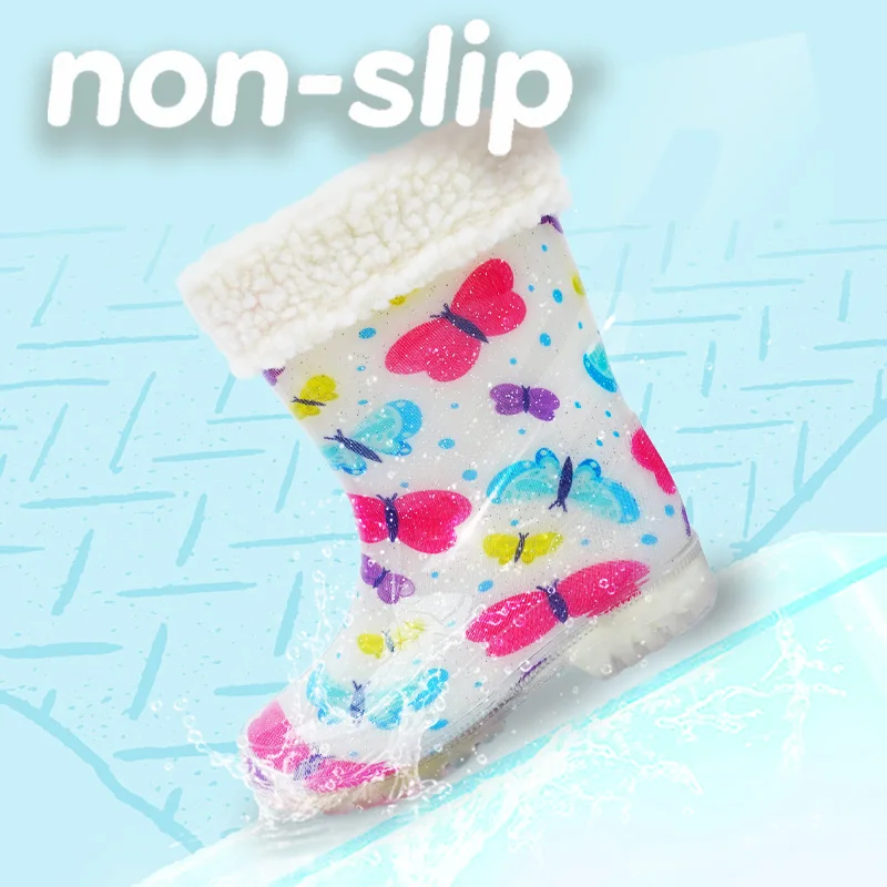 أحذية المطر القطيفة الرائعة للأطفال! مع أغطية قابلة للفصل، وهي مقاومة للماء وغير قابلة للانزلاق ودافئة.