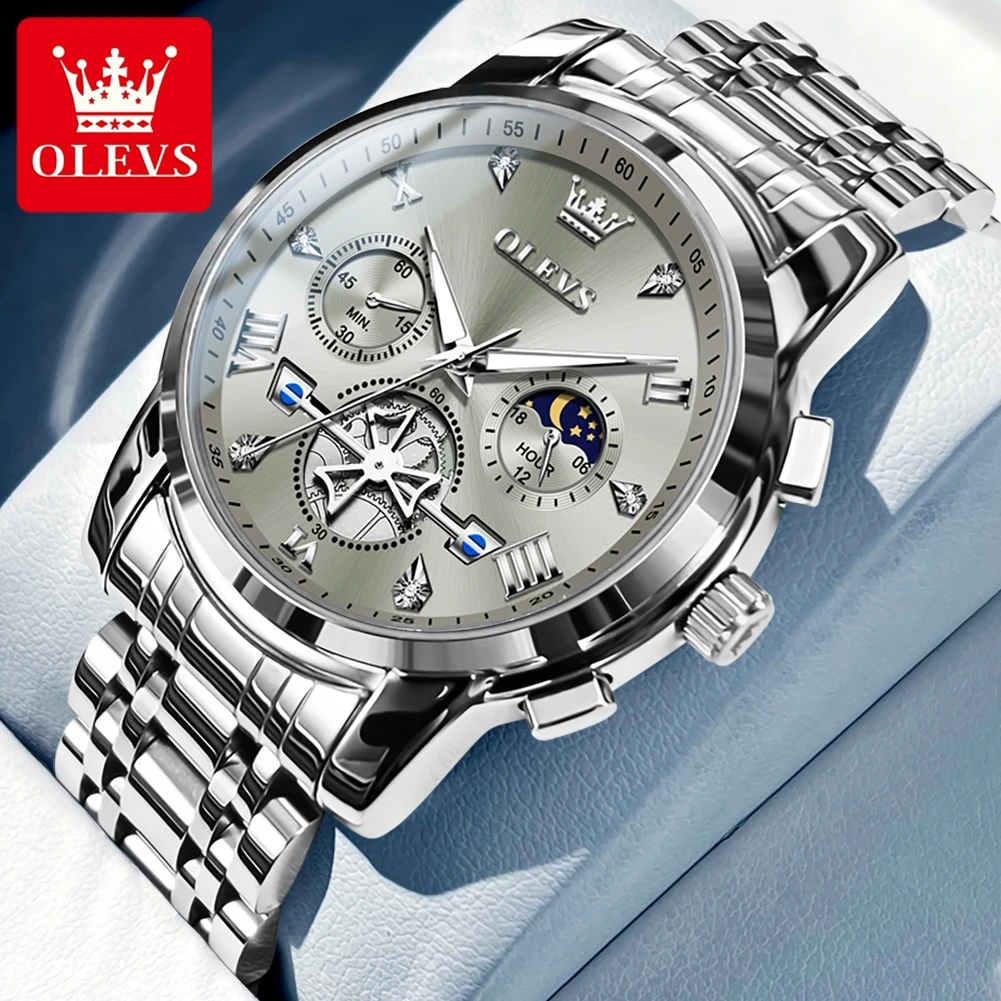 OLEVS Brand New Men\'s Steel Band Watch Multi Functional Business Fashion Waterproof 2856