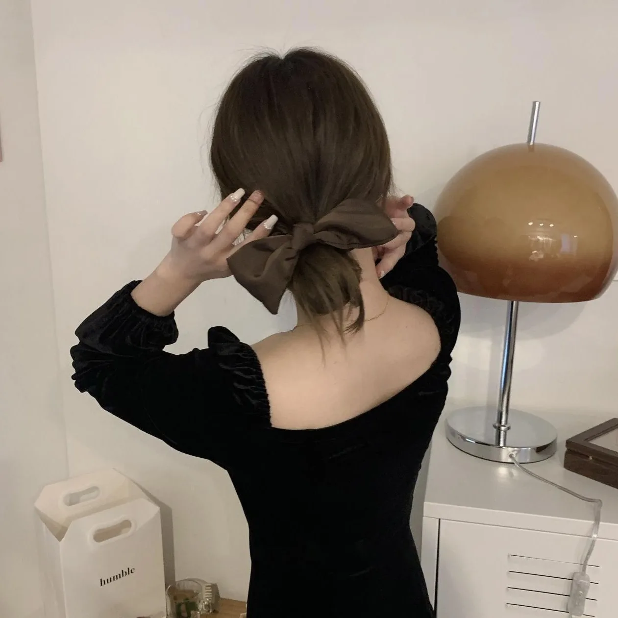 Black Bowknot Satin Hair Bands for Women Girl Ponytail Loop Hair Rope High Elastic Large Intestine Circle Lady Hair Accessories