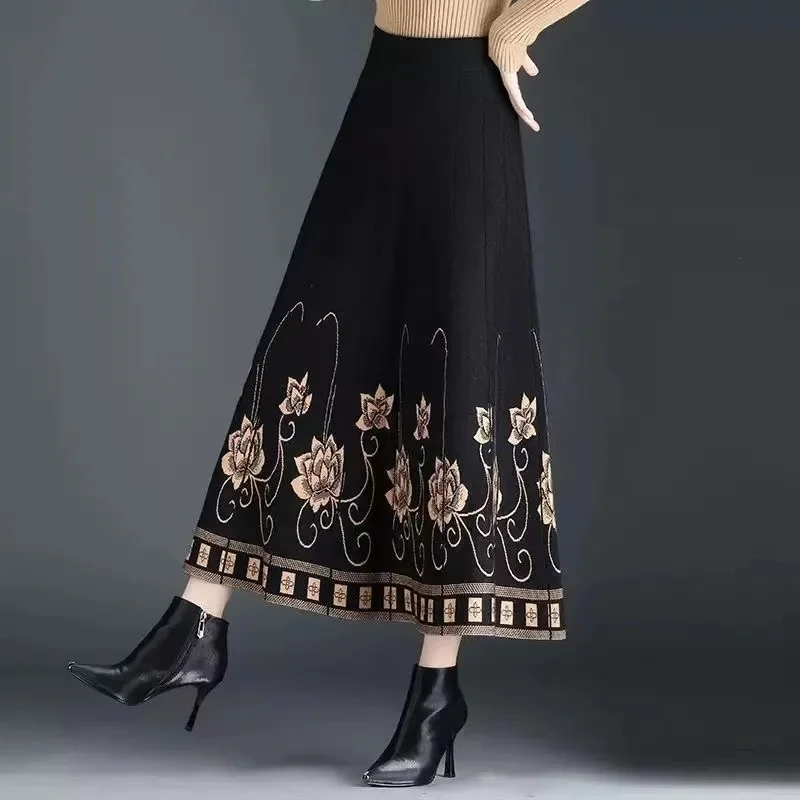 

Women's Autumn Ethnic Style A-line Skirt High Waist Elastic Waist Mid Length Knitted Wool Large Swing Sweater Skirt JJ238