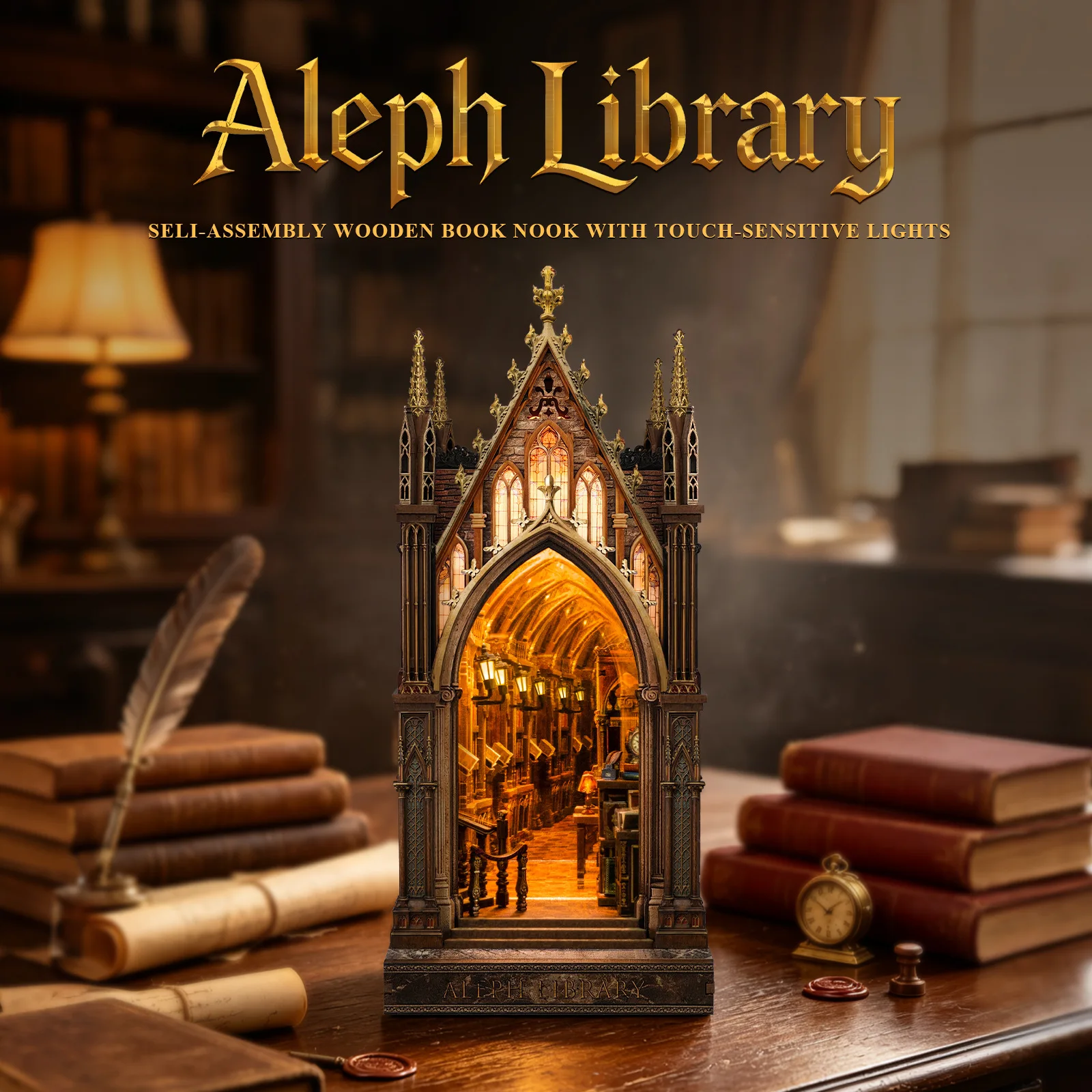 DIY Wooden Aleph Library Book Nook Figurines Miniatures Kits Assembled Houses Casa for Friends Birthday Gifts Home Decor Crafts