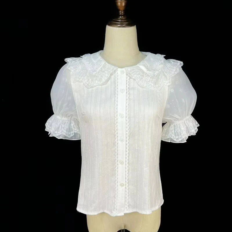 Japonês gola de boneca doce lolita rendas retalhos blusas verão feminino harajuku camisas de manga alargamento feminino jk único breasted topos