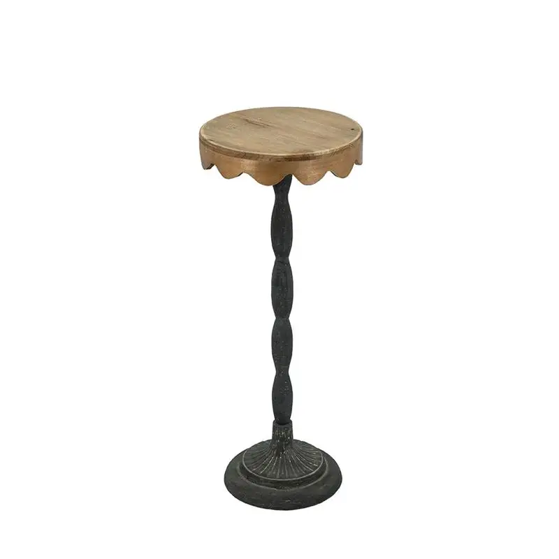 D10.5x25.5 Black Iron Side Table with Scalloped Brown Wood Top, Rustic Decorative Accent Table, Perfect for Living Room or