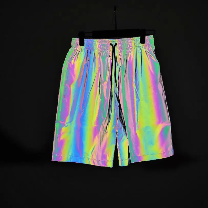 Fashion Holographic Men\'s Black Reflective Rave Rainbow Shorts Festival Party Psychedelic Shorts