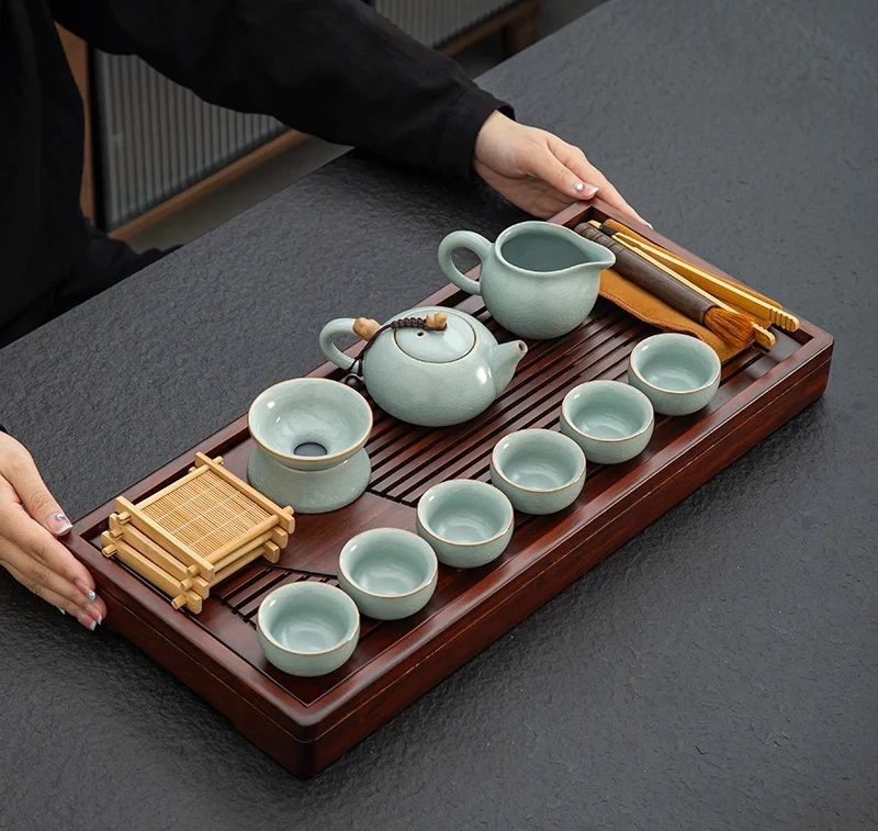 Kung Fu Tea Set Solid Wood Tea Tray Teapot 20-piece Tea +  black teapots