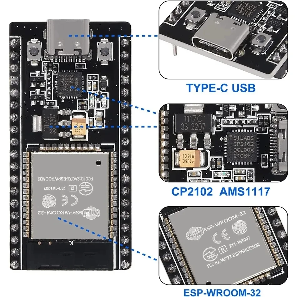 Placa de desenvolvimento tipo C, ESP32, ESP-WROOM-32, CP2102, 2,4 GHz, 2,4 GHz, 1pc, 38 pinos