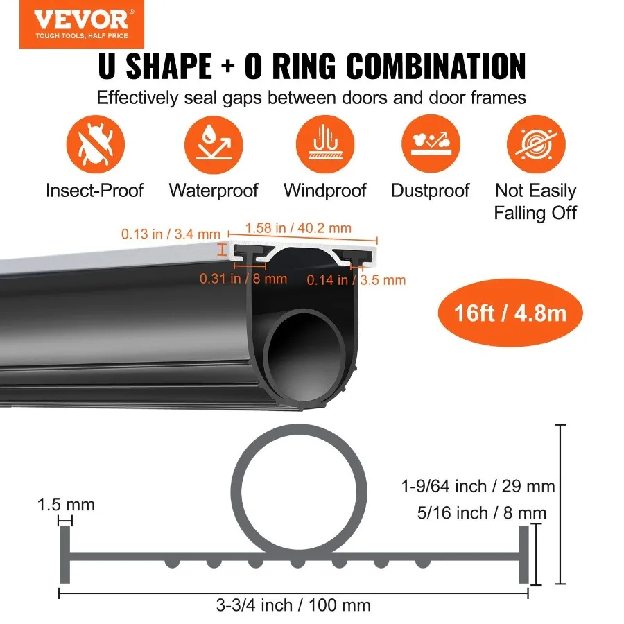 Garage Door Seals Bottom Rubber U Shape +O Ring Combination Garage Door Weather Stripping with Pre-drilled Aluminum Track Retai
