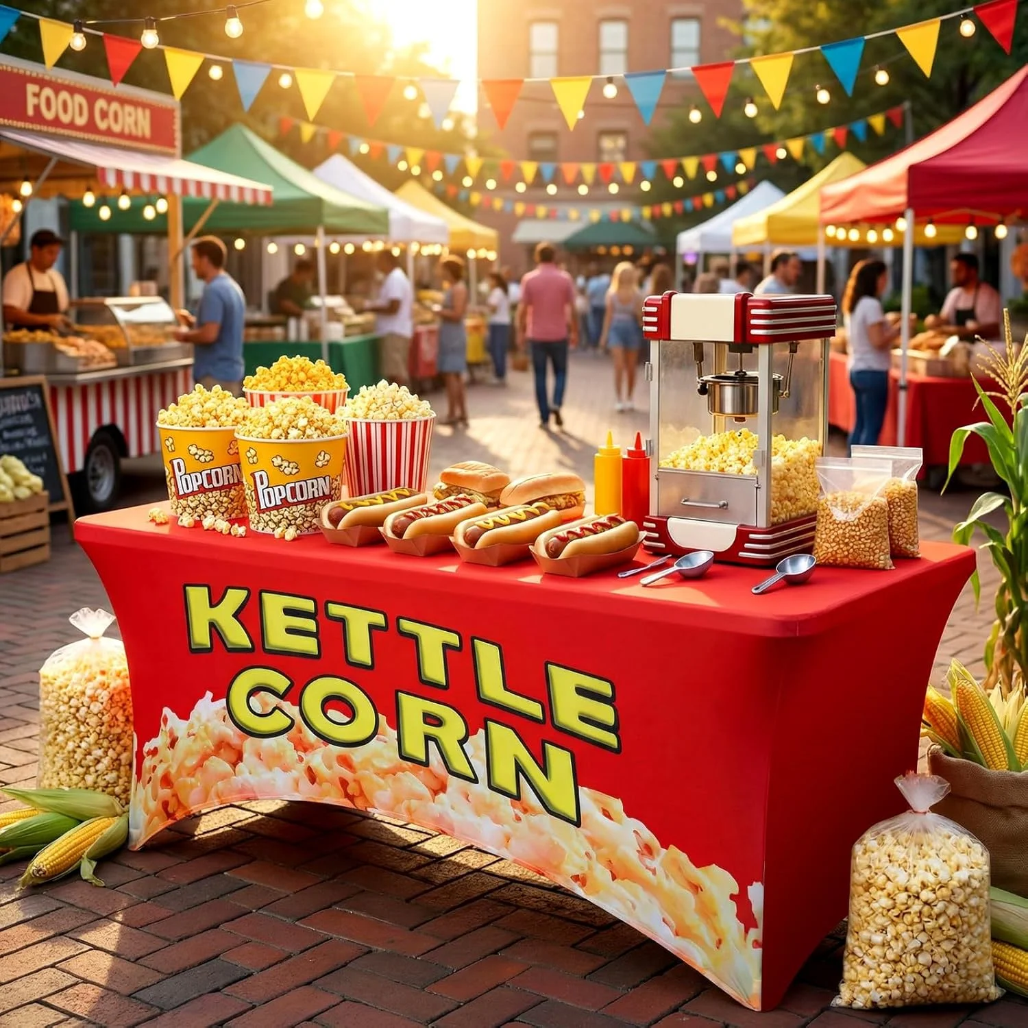 Commercial Grade Popcorn Spandex Table Cover High Density Kettle Corn Non-See-Through Stretch Tablecloth for Food Fair Events