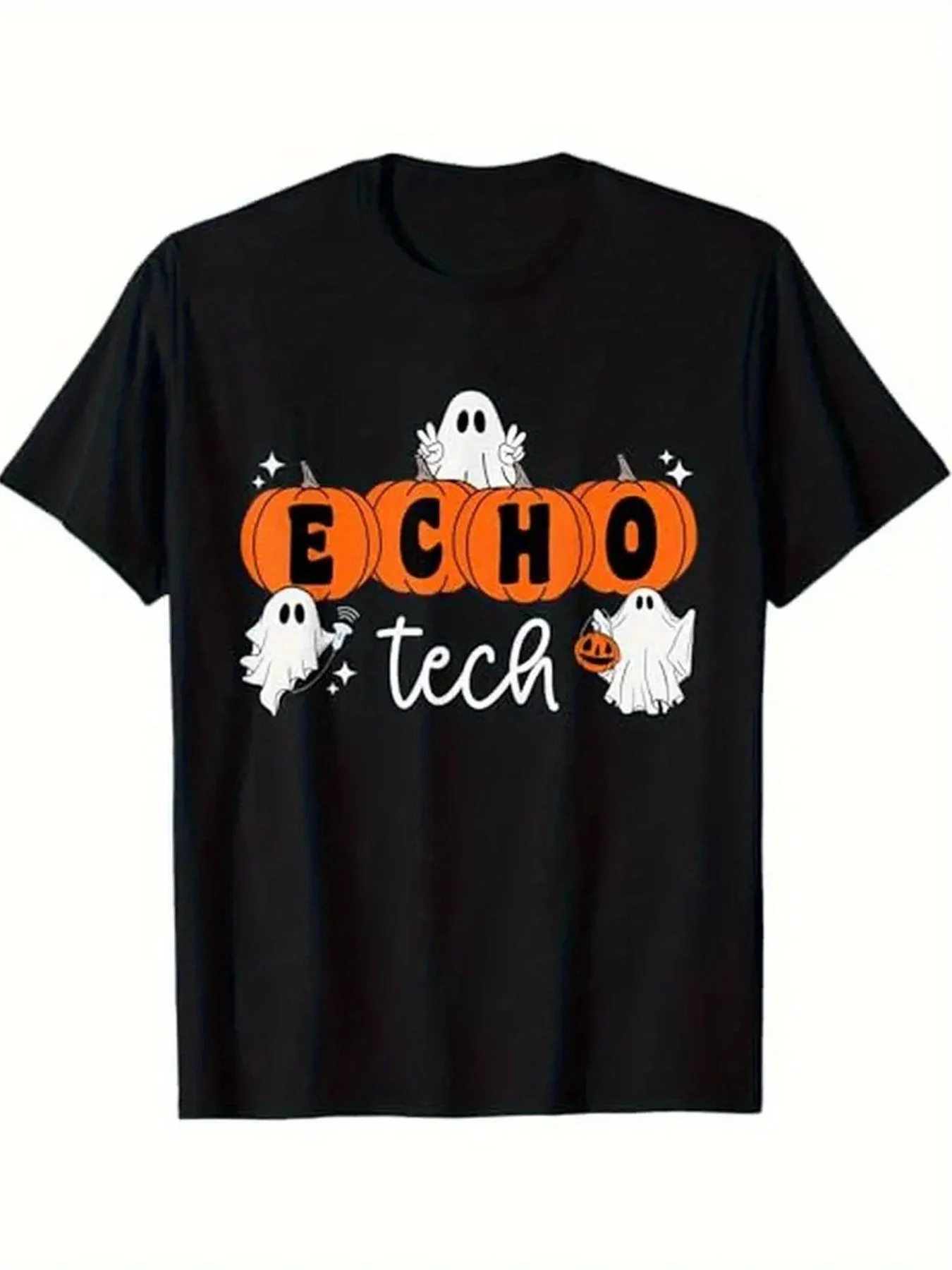 

Мужская винтажная футболка с рисунком «ECHO TECH» на Хэллоуин, футболка из чистого хлопка с короткими рукавами и рисунком тыквы, идеально подходит для сезонного подарка