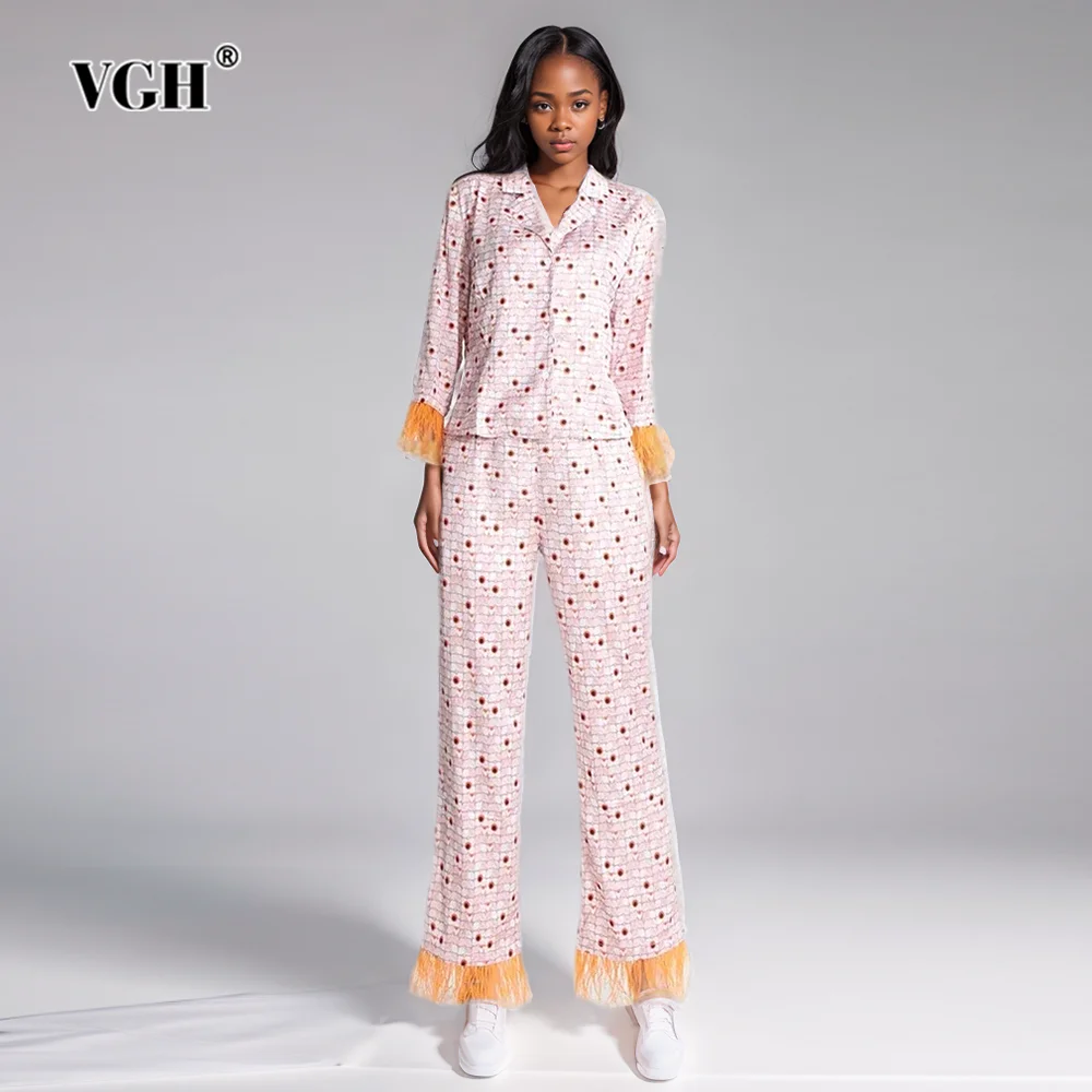 

VGH Hit Color Casual Two Piece Sets For Women Lapel Long Sleeve Shirts High Waist Wide Leg Trouser Patchwork Feather Set Female