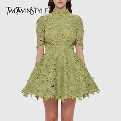 TWOTWINSTYLE Embroidery Hollow Out Dress For Women Stand Collar Half Sleeve High Waist Patchwork Belt Vintage Dresses Female New