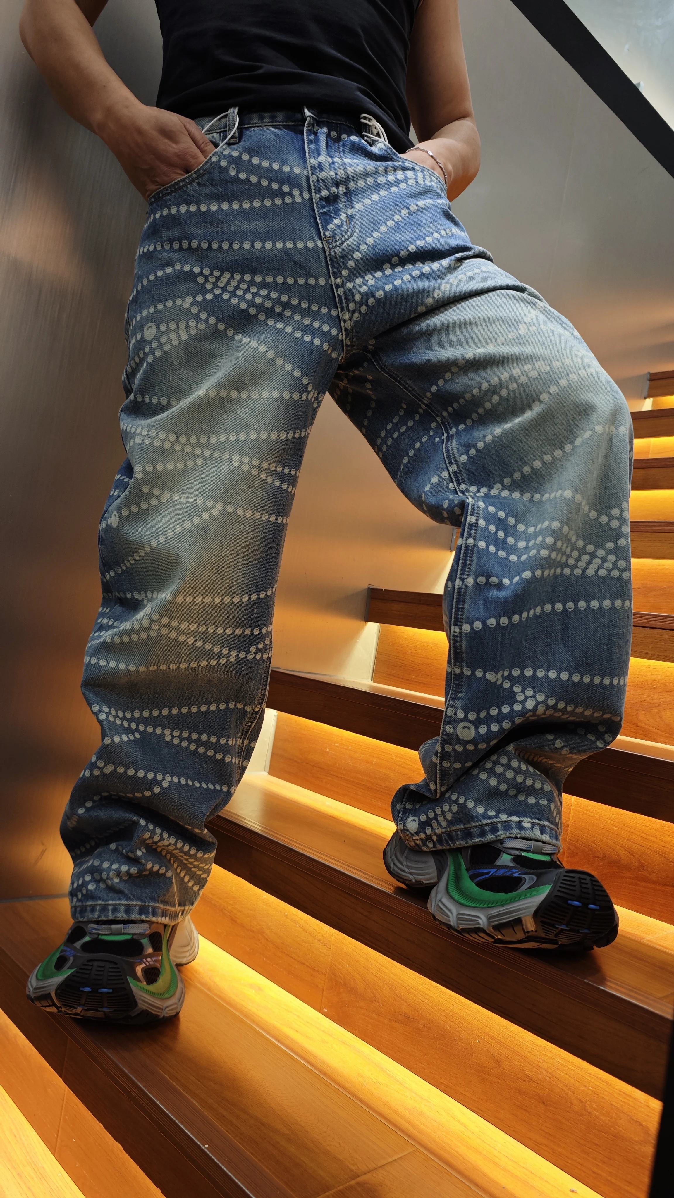 

AL005 BLCG Джинсы унисекс с высокой талией, свободного кроя, из плотного денима, модные и стильные