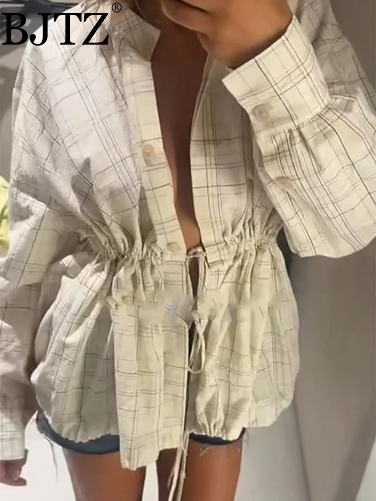 

BJTZ 2025: женская тонкая рубашка с длинным рукавом, клетчатый однобортный свободный топ, универсальная верхняя одежда, рубашка со шнуровкой на талии и воротником-стойкой
