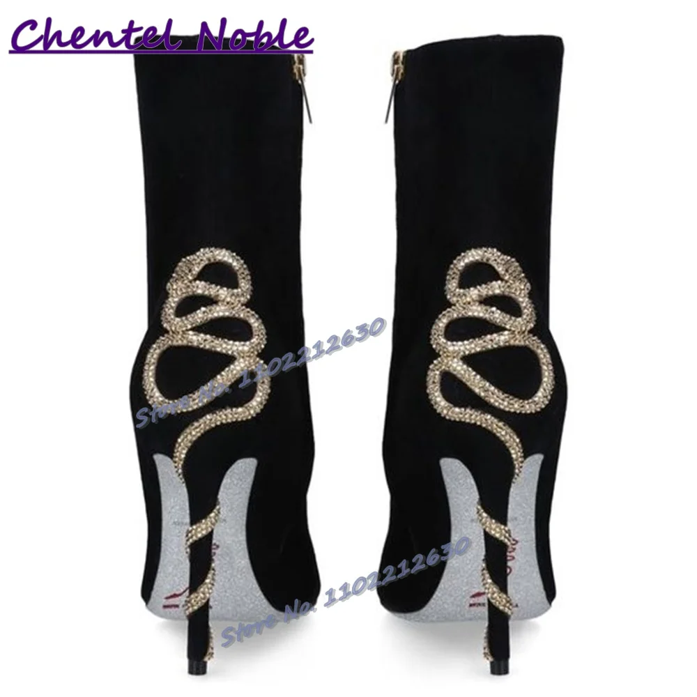 Snake Shape Rhinestone Wrap Heel Boots Black Suede Pointy Toe Thin High Heels Winter Fashion Luxury Sexy Women Shoes Ankle Boots