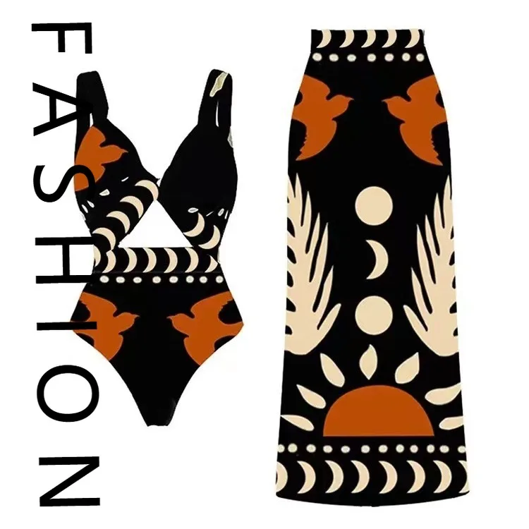 

2025 new bikini one-piece swimsuit wrap skirt set retro beach skirt halter swimsuit bikini