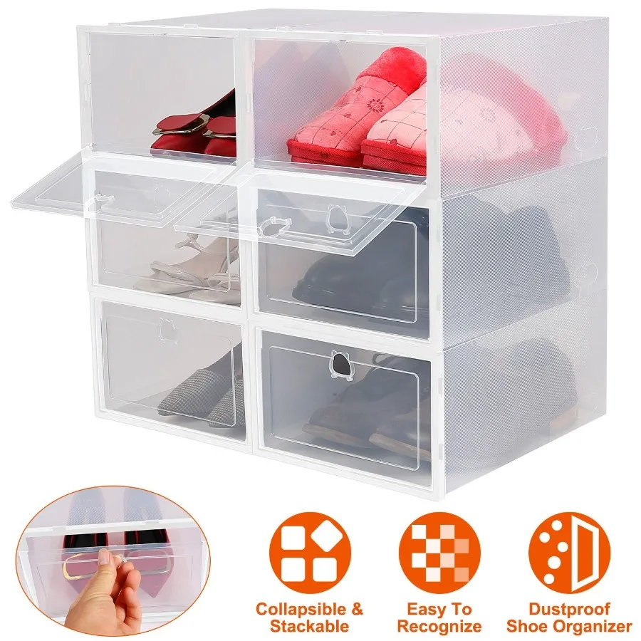 

6Pcs Collapsible Shoe Box Stackable Shoe Storage Bin Transparent Dustproof PP Shoe Organizer Container