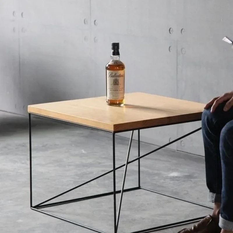 2025 new ins wrought iron solid wood coffee coffee table simple side table minimalist square Internet celebrity milk tea