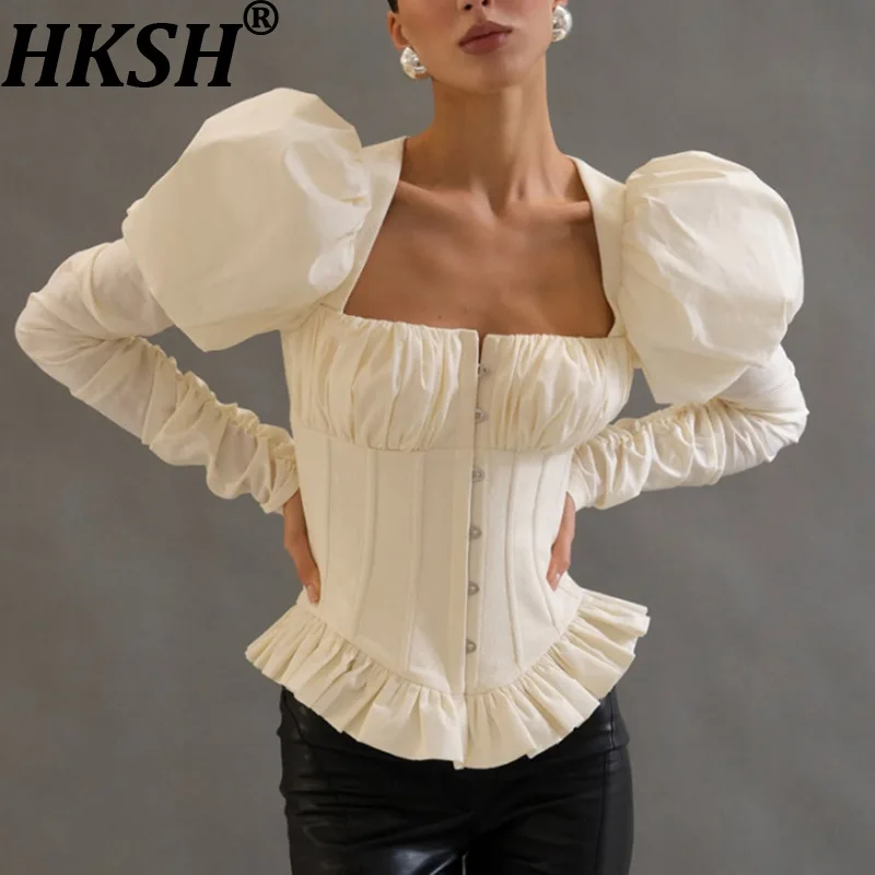 

HKSH Women Trend Shirt Sexy Backless Pleated Square Collar Long Sleeves Waist Cinching Slim Fit High-end Tops New Spring HK20874