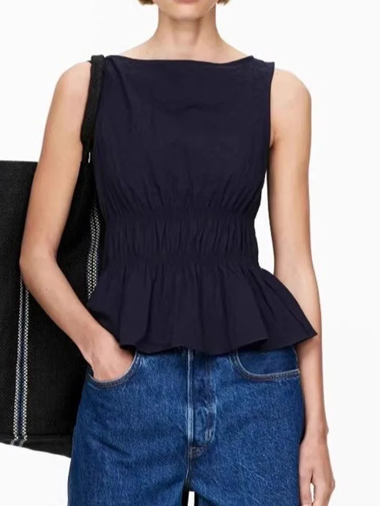 Elegant Ruffles Sleeveless Cotton Tank Tops Women Blue Tops Summer Slim French Style  Double-wear Casual All Match Vest 2025