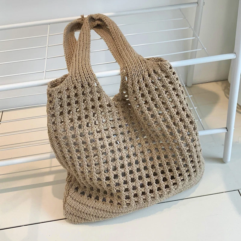 Vintage Hohl Design Gewebt Frauen Schulter Tasche Stricken Große Kapazität Handtaschen Sommer Reise Shopper Tote Für Damen Strand Taschen – Detail 19