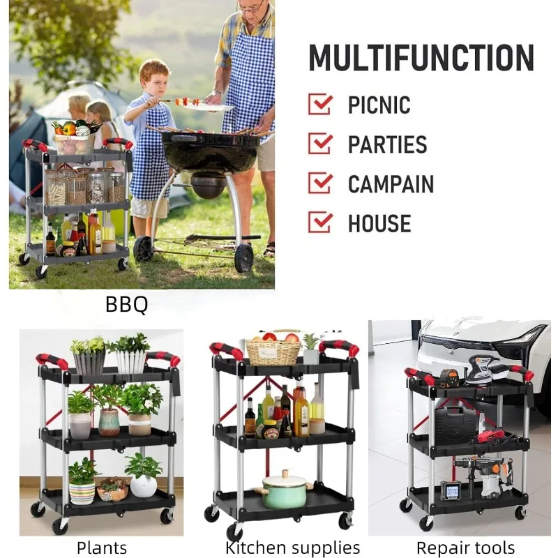 Foldable Utility Carts with Wheels, 3-Tier Holds Folding Rolling Cart with Fixed Rope, Pack-N-Roll Collapsible Service Cart