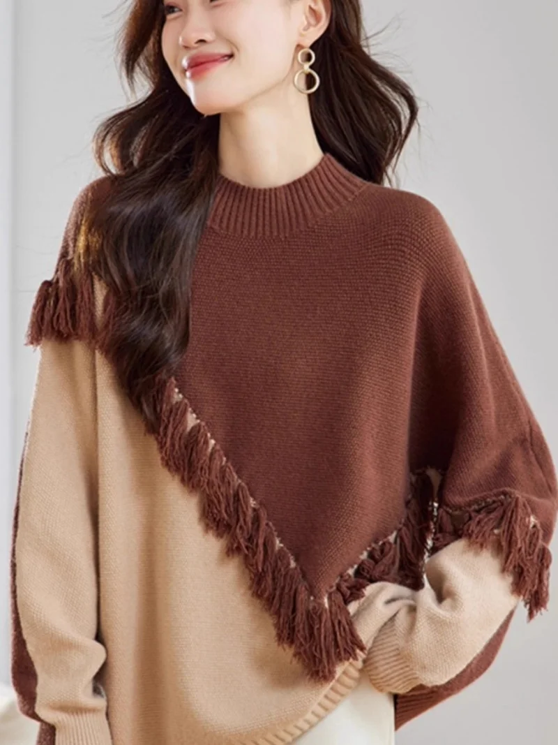 Sweater For Women Spring Autumn Winter Color Blocked Tassel Design, Loose Knit Round Neck Pullover Short Base Top w1505