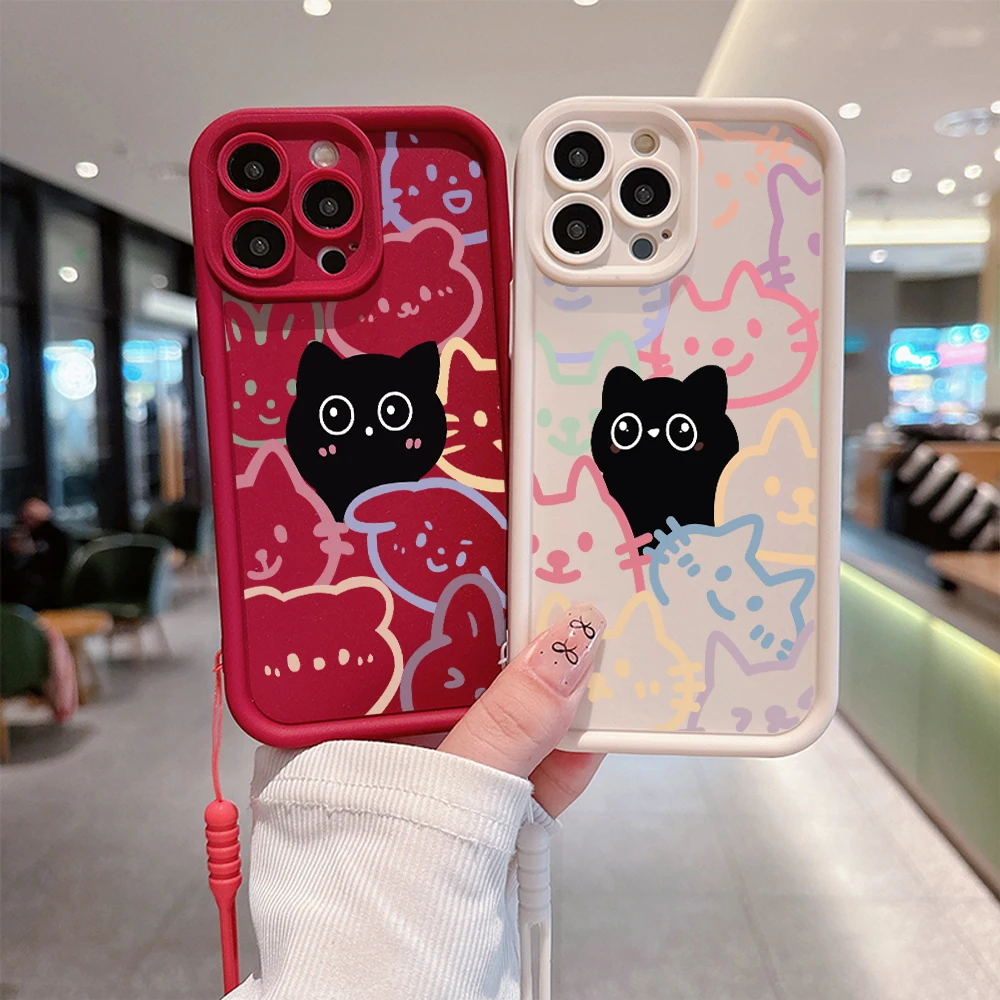 Cartoon Cute Kitten Cat Phone Case for OPPO Realme 12 8  11 C11 C12 C15 C20 C21Y C31 C33 C35 C53 C55 4G 5G Cover With Hand Strap