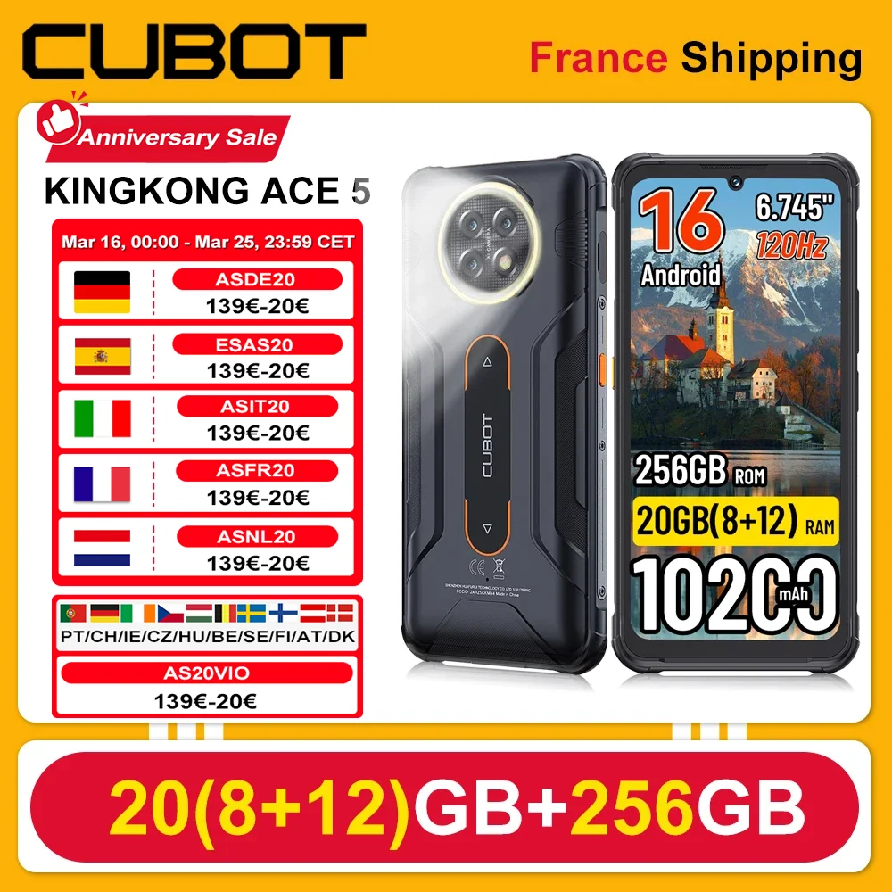 [Shipping From France] Cubot KingKong ACE 5 Rugged Smartphone 20GB(8+12) RAM 256GB ROM Android 16  10200mAh 6.745" 120Hz NFC