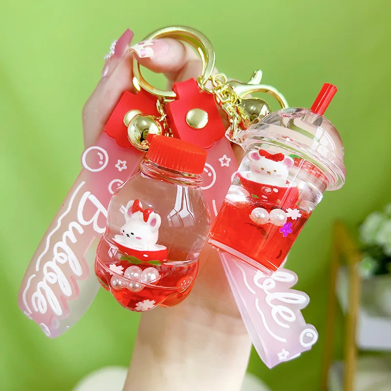 Liquid Oil Luminous Ice Cube Shape Keychain Cute Floating Quicksand Rabbit Keyring Women Girl Bag Pendant Key Chain Gifts