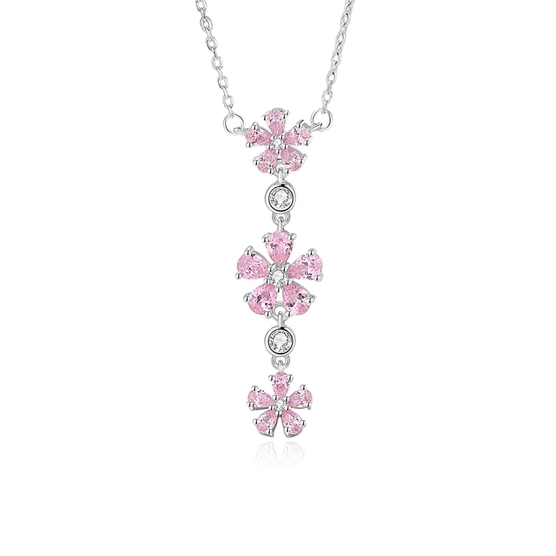 S925 Silver Tassel Plum Blossom Necklace For Women Pink Zircons Original Design Premium Peachy Flowers 45cm Comfortable Choker