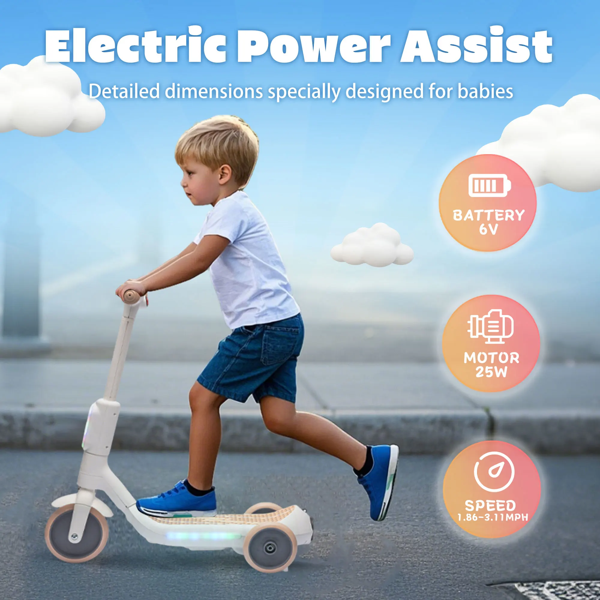 Electric Scooter for Kids Aged 3-6 Years, Ride on Toys, 3 Wheel, 3 mph Max Speed, 8 Miles Range, 66 Lbs Max Load, White