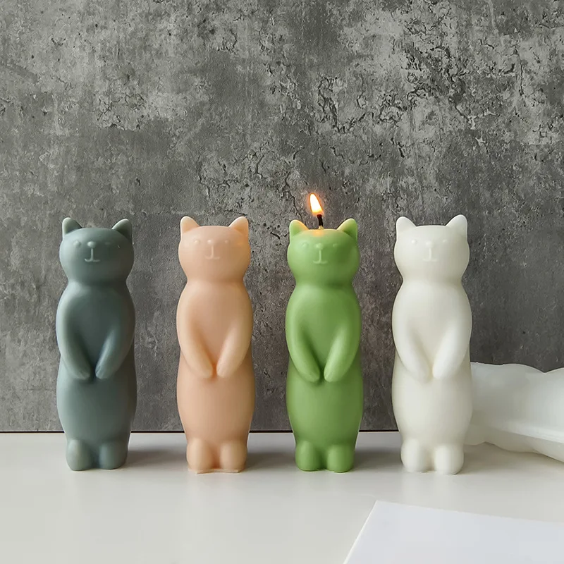 Cute 3D Smiling Cat Silicone Candle Mold Standing Cat Aromatherapy Gypsum Resin Mould DIY Soap Chocolate Cake Baking Tools