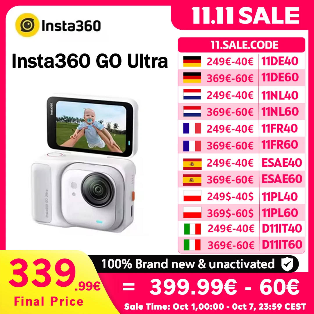 Insta360 GO Ultra - كاميرا صغيرة 4K بدون استخدام اليدين خفيفة الوزن وجزء علوي متنقل في تثبيت الإضاءة المنخفضة بطارية 200 دقيقة 10 متر مقاومة للماء أصلية جديدة