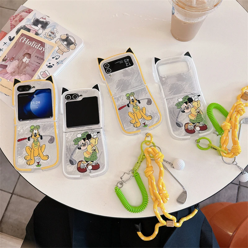 Disneies Mickey Pluto 3D Cat Ear With Lanyard Phone Case for Samsung Galaxy Z Flip 3 4 5 6 5G PC Hard Anti-drop Back Cover Funda