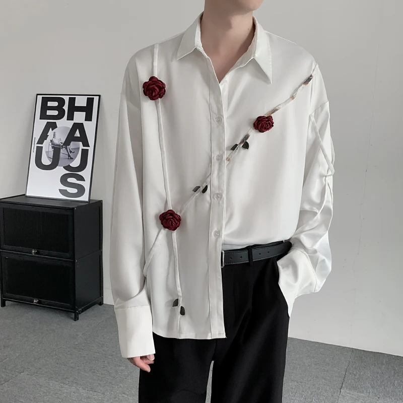 

Autumn 3D Rose Casual Shirt Men's Loose White Long Sleeve Shirt Social Stage Performance Singer Banquet Party Men's Clothing