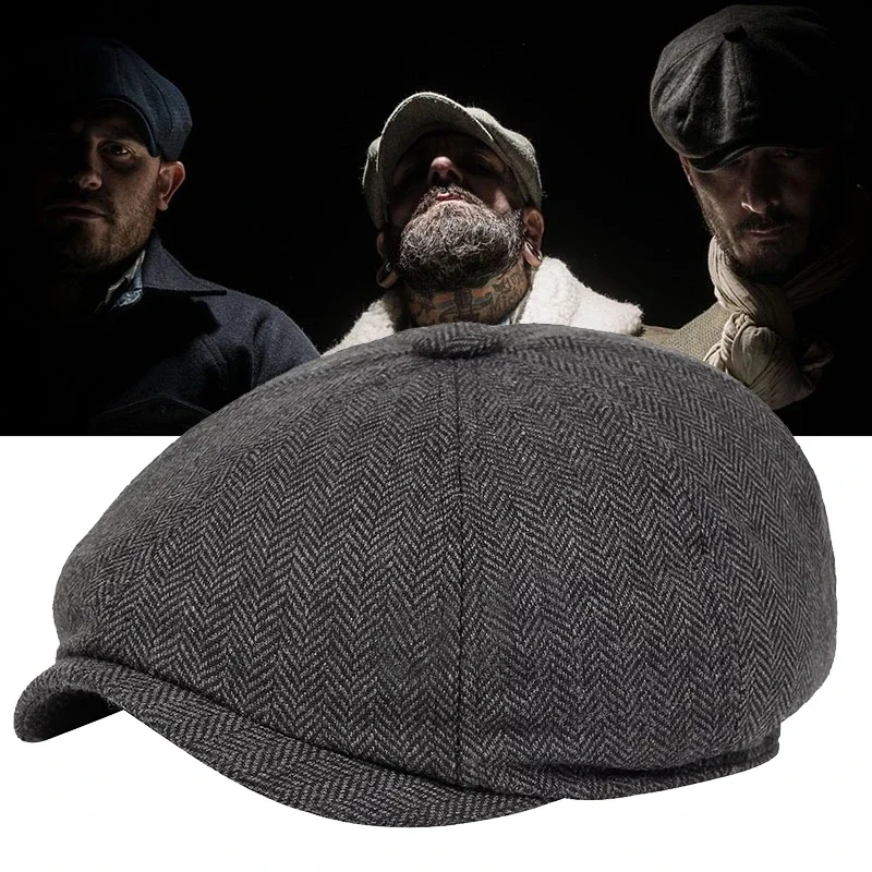 British Style Men's Newsboy Hat Beret Octagonal Street Cap Hip Hop Cool Winter Spring Herringbone Brim