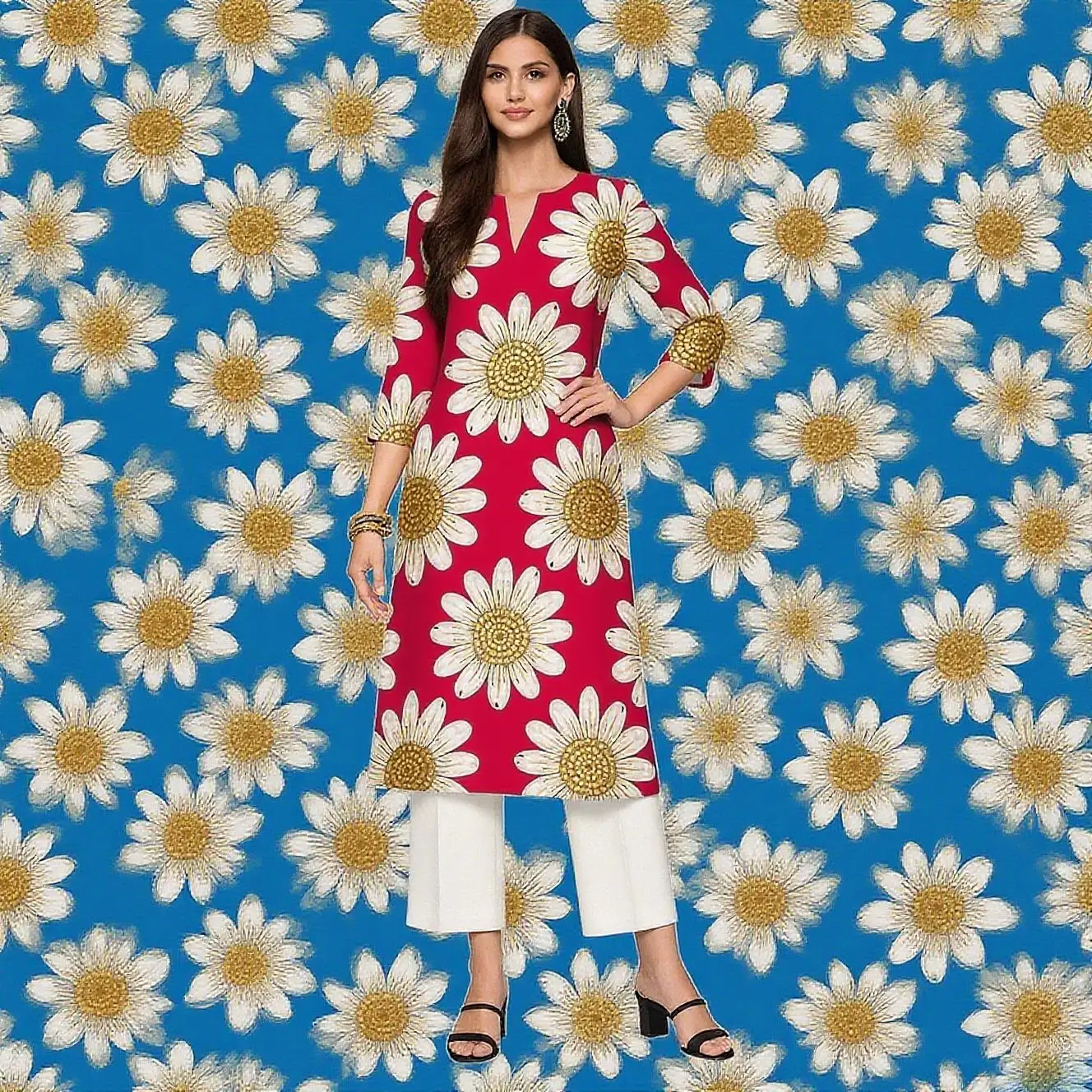 Muslim Kurtta Women's Casual Fashion Dress Long Sleeved Straight Tube Casual Ethnic Flower Abaya Musulmane Modest Dress