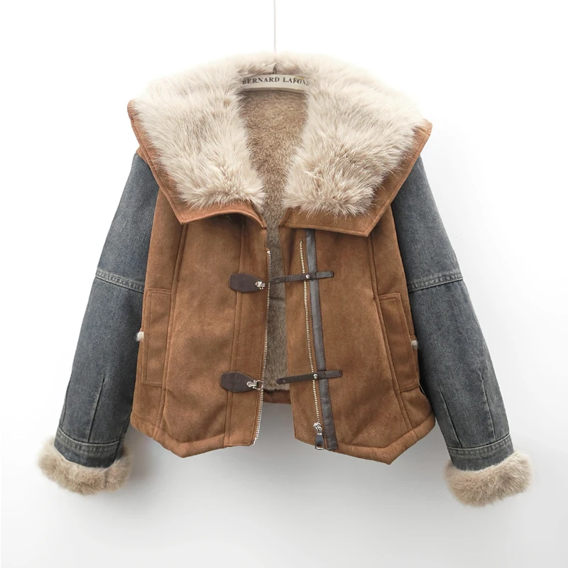 Chaqueta vaquera con forro polar y cuello vuelto grande para mujer, prendas de vestir exteriores de vaquero, chaqueta vaquera empalmada de gamuza con cremallera corta holgada para mujer