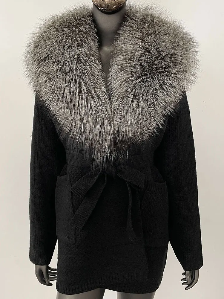 

FURYOURSELF Knitting Cardigan Women Winter Real Fox Fur Coat Long Sleeve Warm Female Hooded Natural Raccoon Fur Jacket Outwear