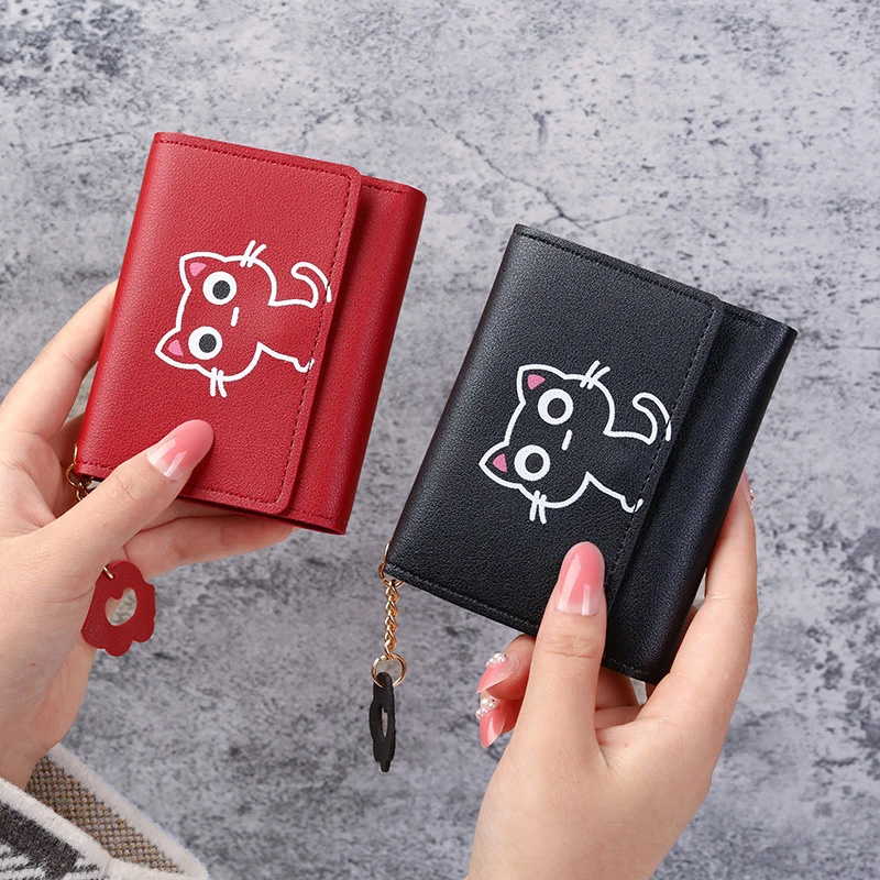 Women Wallet Cute Cat Short Wallet Leather Small Purse Multi Card Holder Money Bag