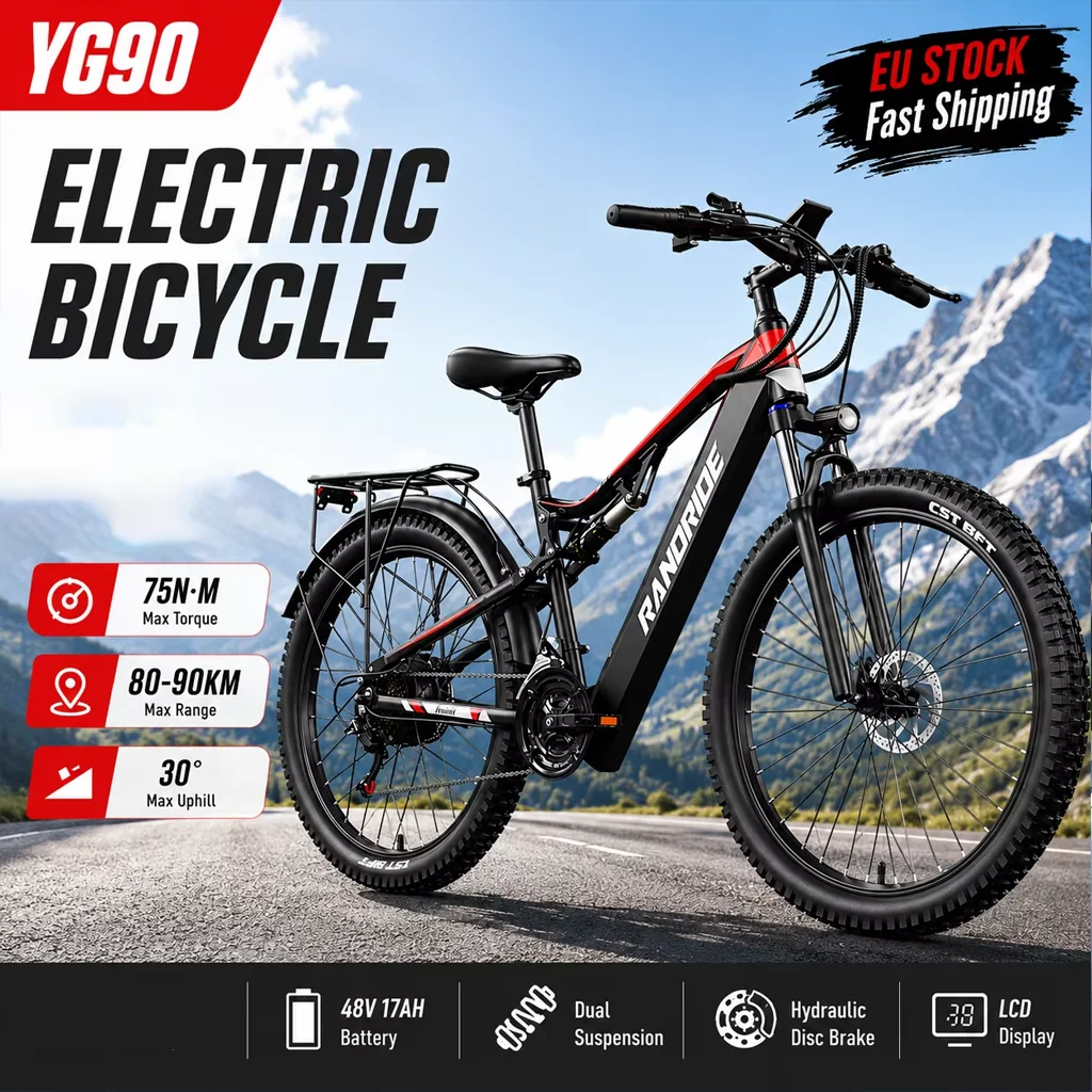 RANDRIDE YG90 Elektrofahrrad 48V17AH Mountain E-Bike Farb-LCD-Display Doppelfederung 27,5 Zoll Reifen Erwachsenenfahrrad EU-Lagerbestand