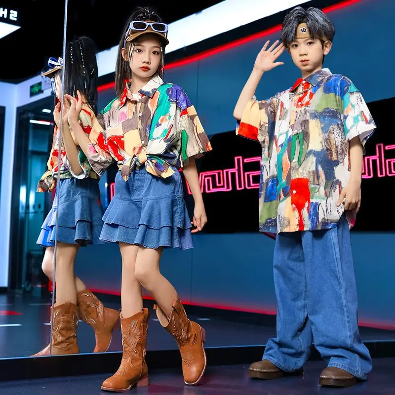 Children Street Dance Costume Colorful Graffiti Shirt Denim Pants Skirt Oversize Jazz Kpop Stage Outfit Hip Hop Performance Wear