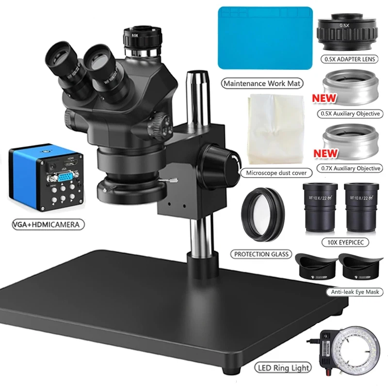 Zoom Trinocular Stereo Microscope Set + 2K 4K 48MP 55MP HDMI USB Video Camera + 1X 0.7X 0.5X Auxiliary Objective Lens 3.5X 7-50X