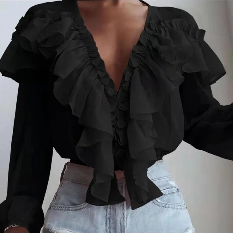 Fashion V-neck Ruffles Patchwork Chiffon Shirt Women Spring Autumn Solid Long Sleeve Thin Blouses & Shirts Office Elegant Tops