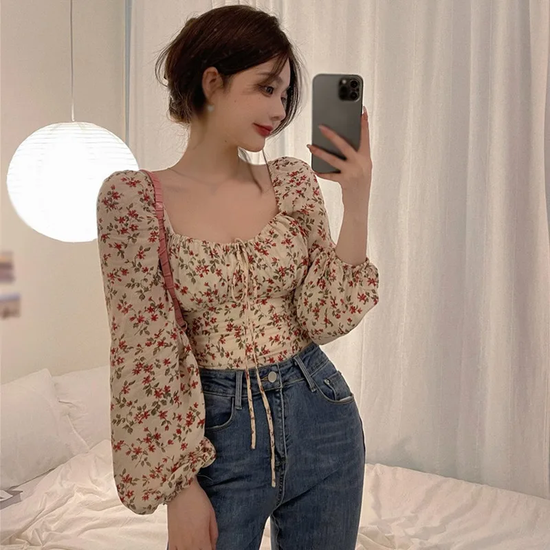 Women\'s Square Collar Chiffon Shirt Blouse Spring/Summer Sexy Sweet Puff Sleeves Vintage Floral Print Tops All-match