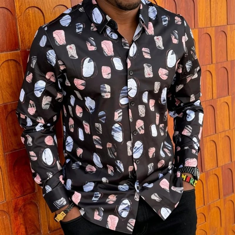Men's Shirt Long Sleeve Spring Autumn Zebra Animal Stripe Ethnic Splice Print Lapel Button‑Up Street Business Top Mens Clothing