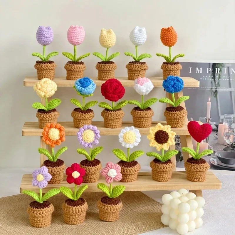 Handwoven Mini Potted Flower Rose Office Desktop Ornamental Potted Plants Woolen Thread Finished Product Home Decoration