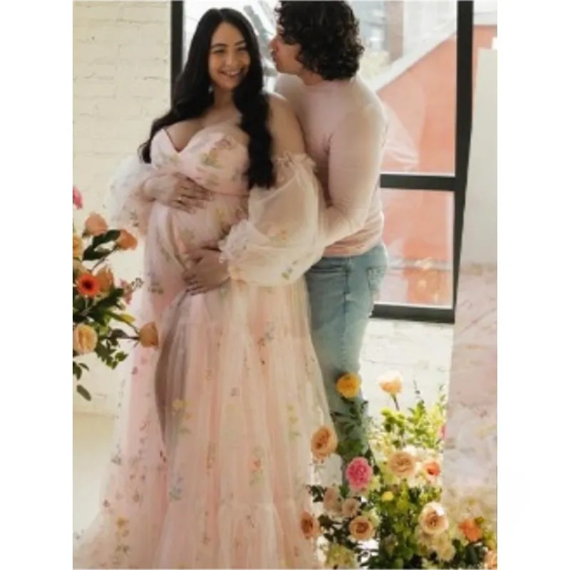 

Flower Embroidery Maternity Dresses Long Tulle Pregnancy Gown - Elegant Baby Shower & Photoshoot Dress for Women
